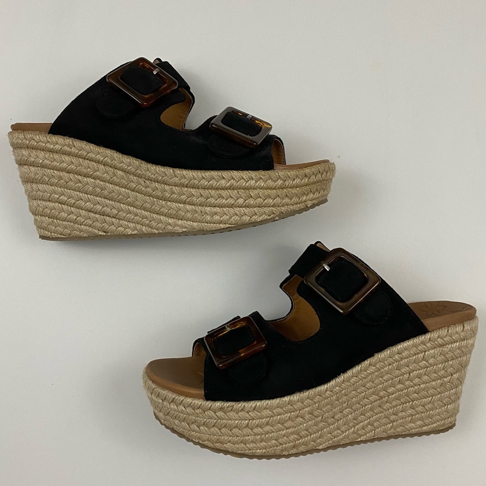 SKECHERS Black Microsuede Wedges with Tortoise Shell Buckles